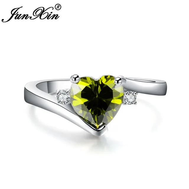 JUNXIN bleu pierre de naissance coeur anneaux pour femmes or blanc rempli violet rose noir Zircon blanc opale de feu bande de fiançailles femme