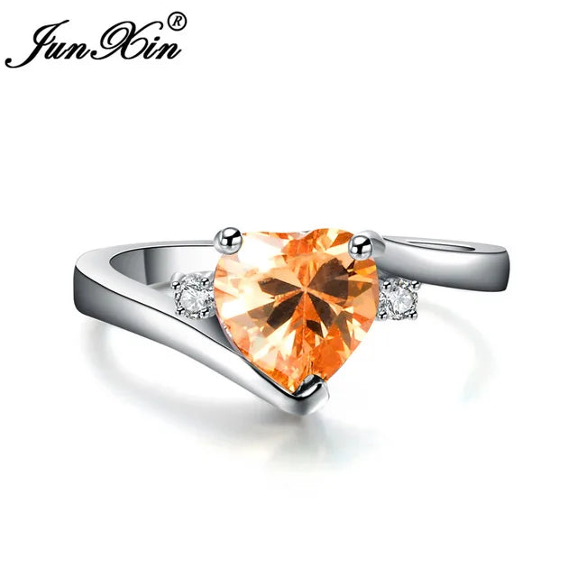 JUNXIN bleu pierre de naissance coeur anneaux pour femmes or blanc rempli violet rose noir Zircon blanc opale de feu bande de fiançailles femme