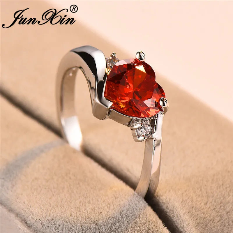 JUNXIN bleu pierre de naissance coeur anneaux pour femmes or blanc rempli violet rose noir Zircon blanc opale de feu bande de fiançailles femme