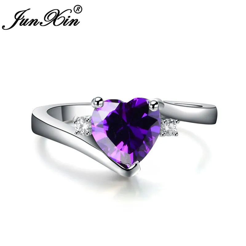 JUNXIN bleu pierre de naissance coeur anneaux pour femmes or blanc rempli violet rose noir Zircon blanc opale de feu bande de fiançailles femme