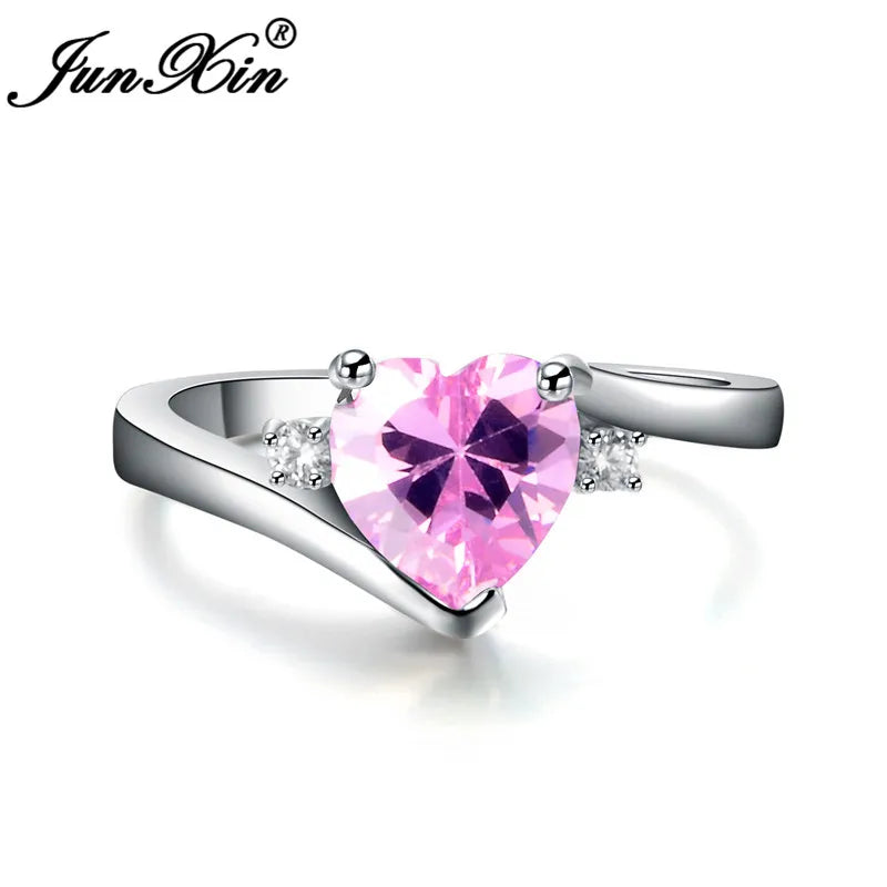JUNXIN bleu pierre de naissance coeur anneaux pour femmes or blanc rempli violet rose noir Zircon blanc opale de feu bande de fiançailles femme