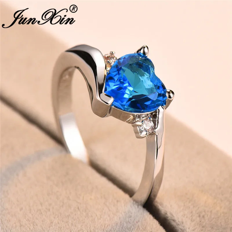 JUNXIN bleu pierre de naissance coeur anneaux pour femmes or blanc rempli violet rose noir Zircon blanc opale de feu bande de fiançailles femme