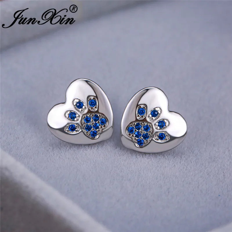 Boucles d'oreilles en forme de patte de chien, ours, chat, Animal mignon, pour femmes et hommes, couleur argent, vert, rose, violet, Zircon, cœur, bijoux de mariage