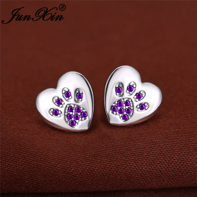 Boucles d'oreilles en forme de patte de chien, ours, chat, Animal mignon, pour femmes et hommes, couleur argent, vert, rose, violet, Zircon, cœur, bijoux de mariage