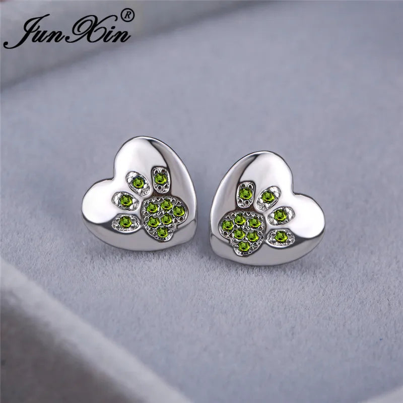 Boucles d'oreilles en forme de patte de chien, ours, chat, Animal mignon, pour femmes et hommes, couleur argent, vert, rose, violet, Zircon, cœur, bijoux de mariage