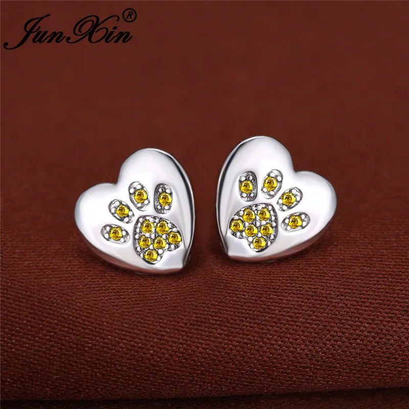 Boucles d'oreilles en forme de patte de chien, ours, chat, Animal mignon, pour femmes et hommes, couleur argent, vert, rose, violet, Zircon, cœur, bijoux de mariage