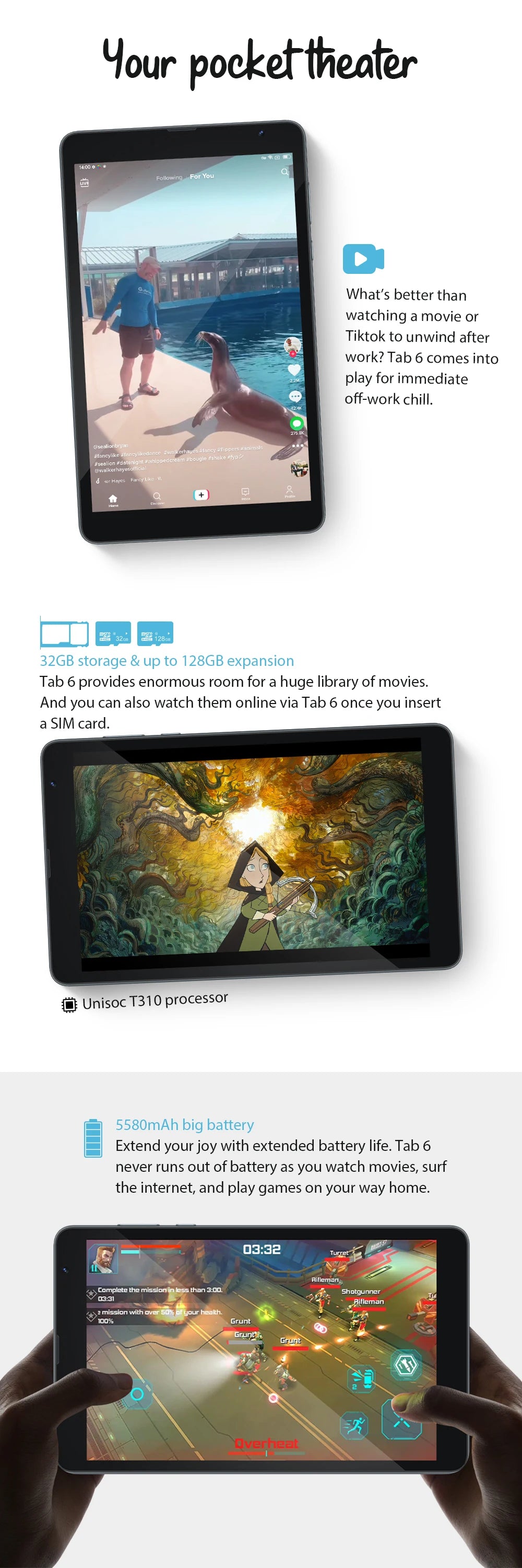 Blackview-Tablette Tab 6 Android 11, 8 ", 3 Go, 32 Go, 5580mAh, 4G, WiFi, Permanence, Tablettes d'appel téléphonique, Kindle Ebook