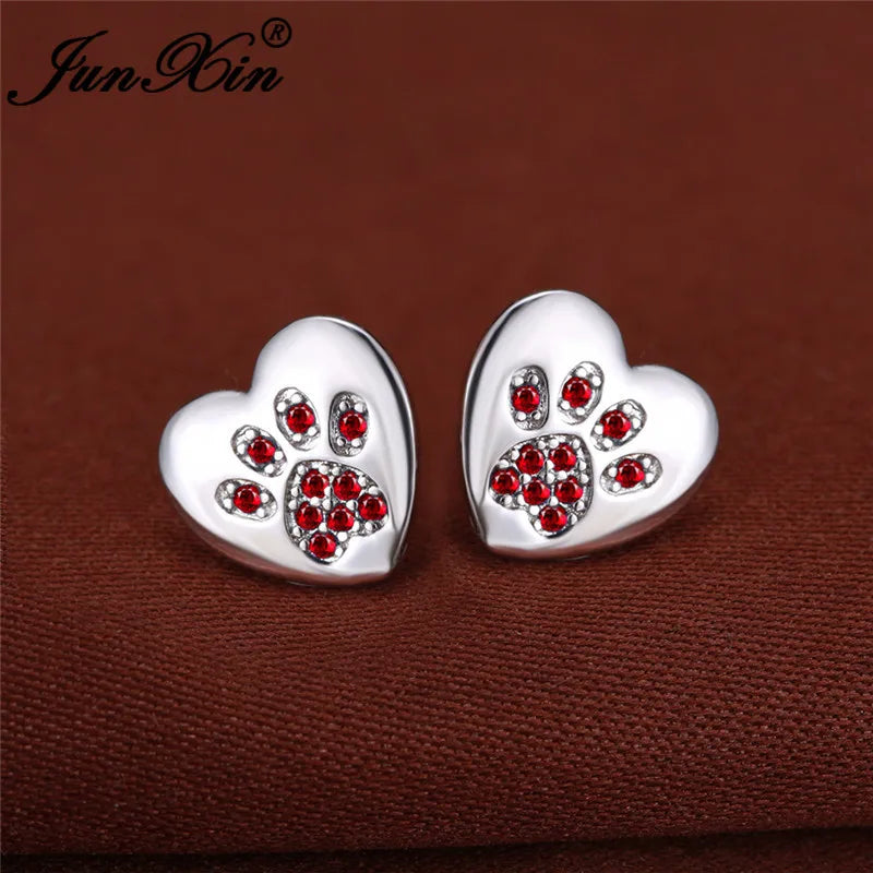 Boucles d'oreilles en forme de patte de chien, ours, chat, Animal mignon, pour femmes et hommes, couleur argent, vert, rose, violet, Zircon, cœur, bijoux de mariage