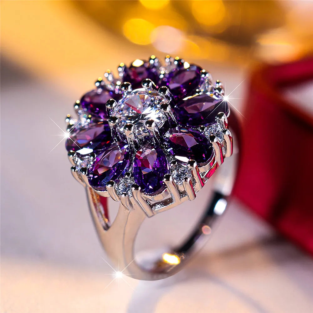 Bague de fiançailles de luxe en cristal violet pour femmes, fleur de soleil, Vintage, couleur argent, bijoux de mariage pour femmes