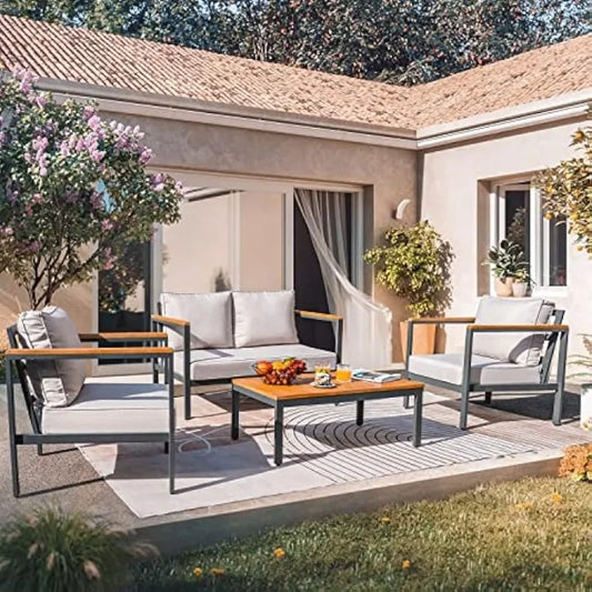 Ensemble de Conversation de salon de Patio, meubles 4 pièces, accoudoir et plateau de Table en bois massif, coussin imperméable épais Anti-chute, Beige
