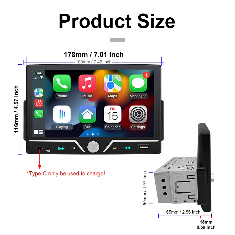 Autoradio Hippcron 1DIN 7" IPS – Android Auto & CarPlay Sans Fil, Bluetooth, Mirror Link, Chargeur Type-C