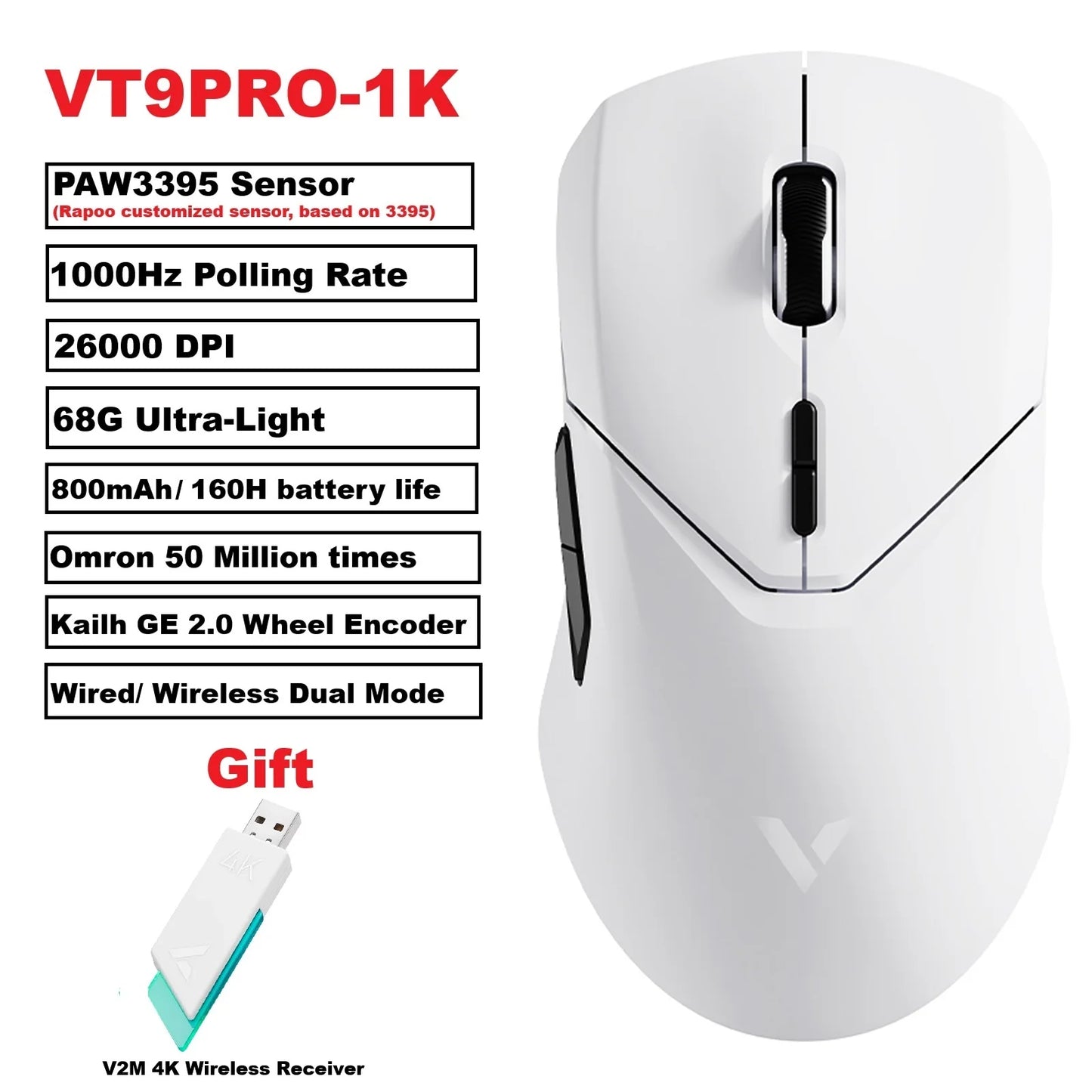 Rapoo VT9PRO – Souris de jeu sans fil légère 68g, 26000 DPI, autonomie 160H