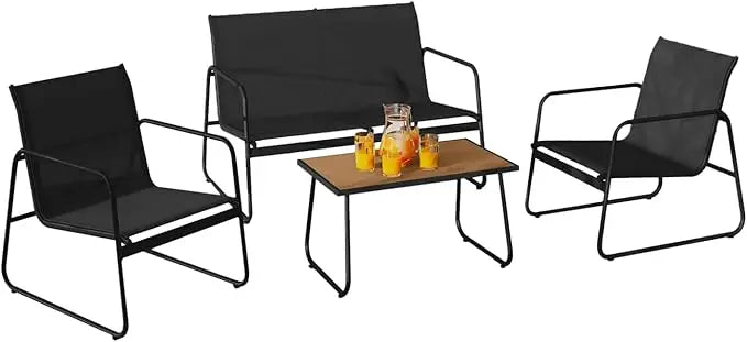 Salon de jardin 4 places avec canapé, fauteuils et table noir et bois