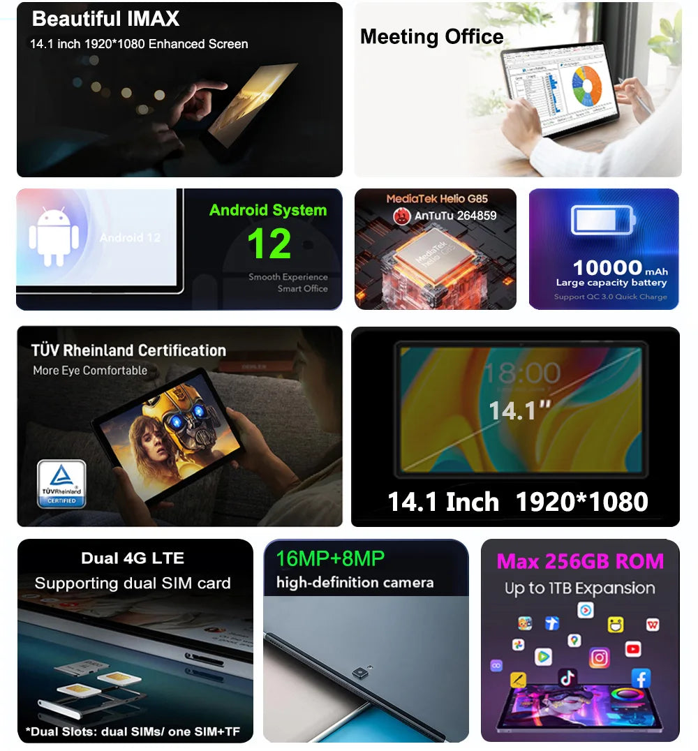 Tablette Nenmoen Mpad14 – 14,1" FHD, 6/12GB RAM, 256GB, Android 12, 4G LTE
