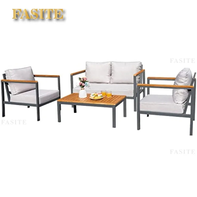 Ensemble de Conversation de salon de Patio, meubles 4 pièces, accoudoir et plateau de Table en bois massif, coussin imperméable épais Anti-chute, Beige