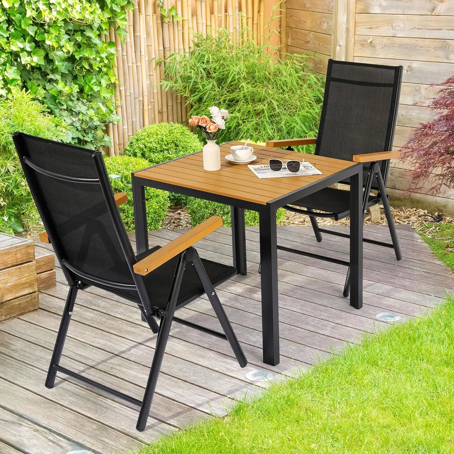 Table de jardin réglable en aluminium avec dossier haut, 2 chaises pliantes, 7 plis, ensemble de sièges de balcon, meubles de jardin, 3 pièces
