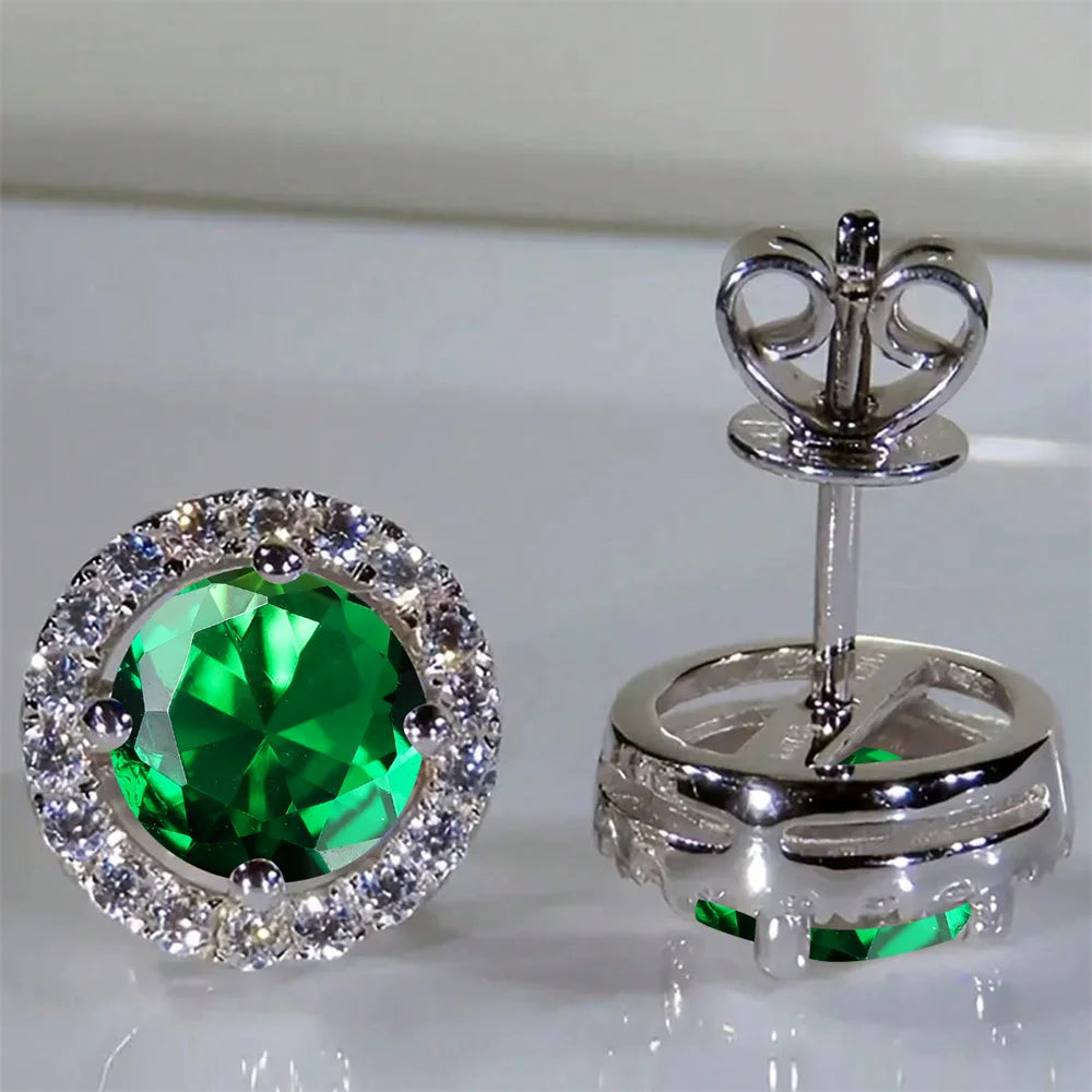 Boucles d'oreilles classiques en pierre ronde à quatre griffes pour femmes, cristal arc-en-ciel, Zircon multicolore, couleur argent, bijoux de fiançailles