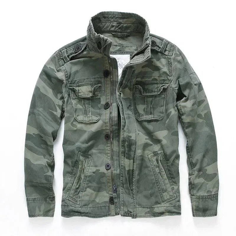 Veste militaire homme en denim – Col roulé, poches pratiques, printemps/automne