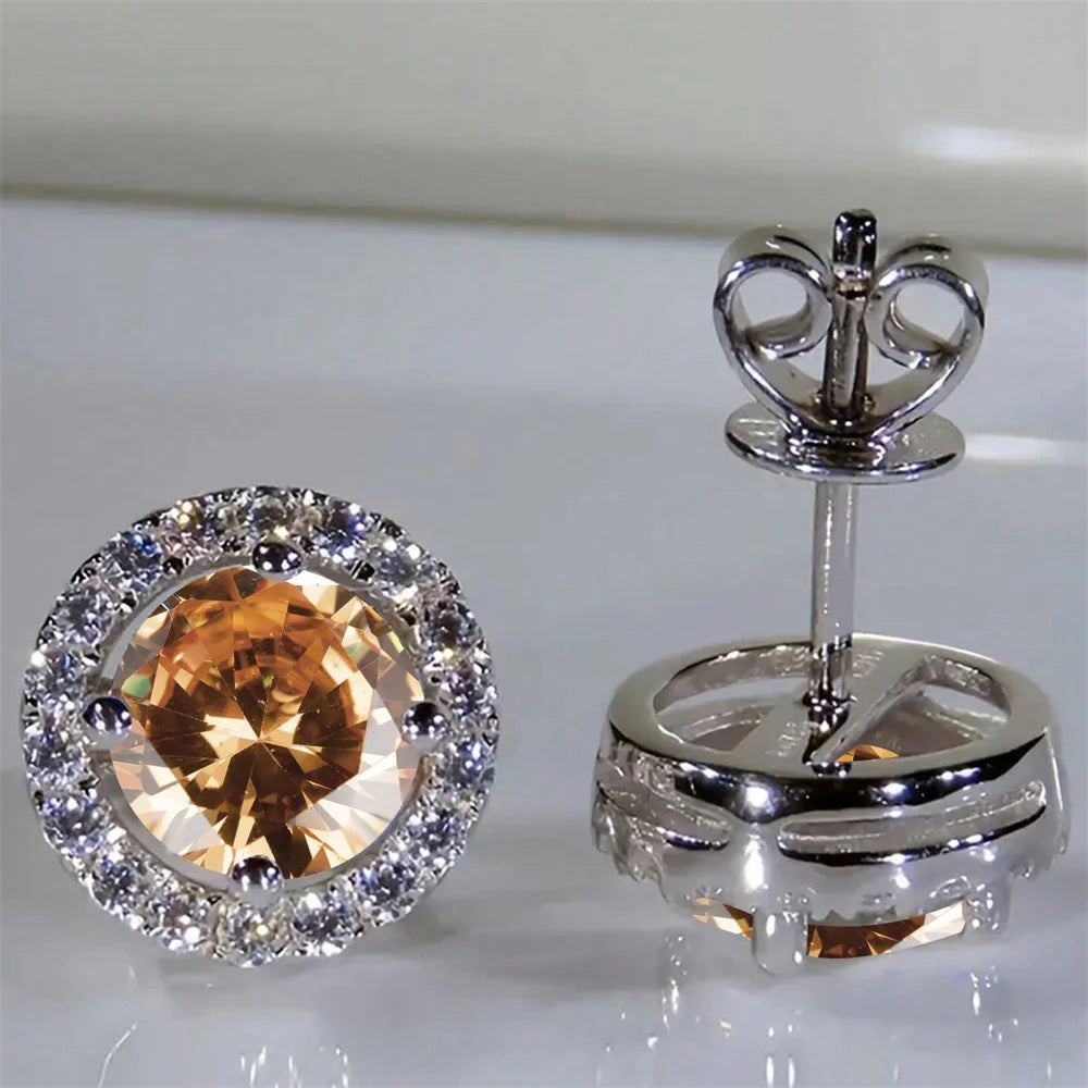 Boucles d'oreilles classiques en pierre ronde à quatre griffes pour femmes, cristal arc-en-ciel, Zircon multicolore, couleur argent, bijoux de fiançailles