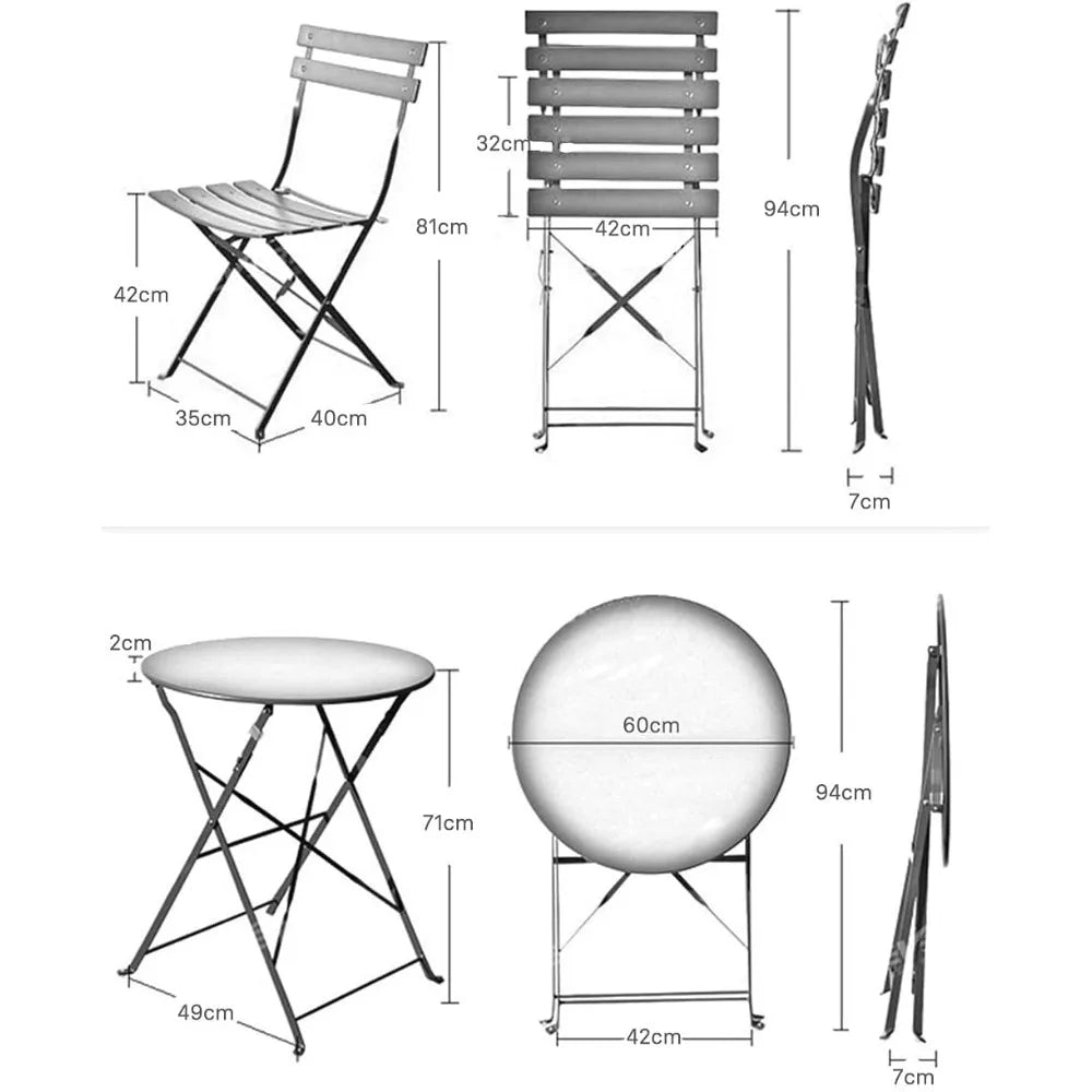 Ensemble bistro, 2 chaises pliantes et 1 table ronde, différentes couleurs, mobilier de jardin, acier enduit de poudre, ensemble bistro pour balcon