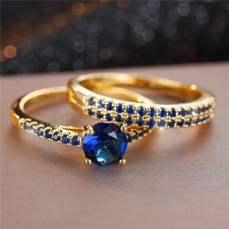 Ensemble de bagues de fiançailles rondes en pierre de Zircon vert cristal pour femmes, bijoux de mariage de luxe couleur or jaune pour femmes
