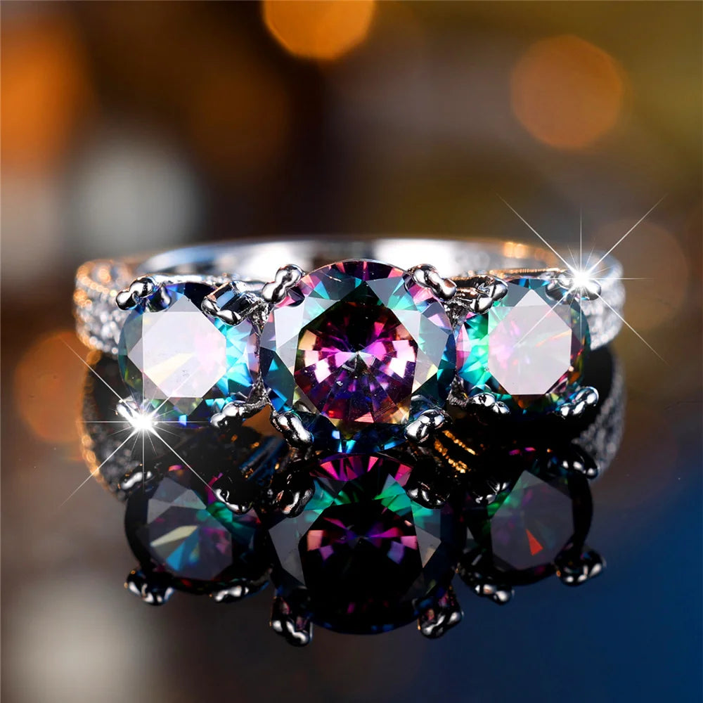 Bague de fiançailles ronde arc-en-ciel pour femme, bijoux sur pierre, vintage, document en argent, bande de mariage, patients