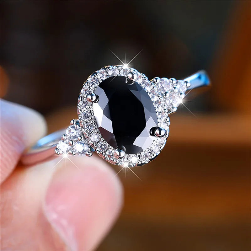 Bague de fiançailles en pierre de Zircon ovale noir pour femme, mignon, tendance, couleur argent, bijoux de mariée, cadeau pour femmes