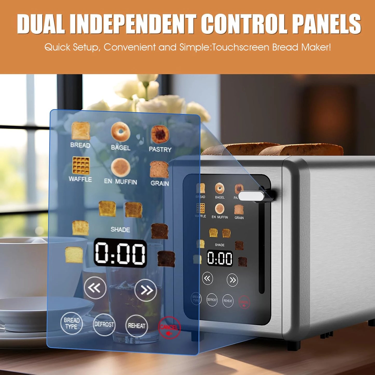 Grille-Pain BAIHUAN KST075AE – Acier Inoxydable, 2 Tranches, Minuterie Digitale