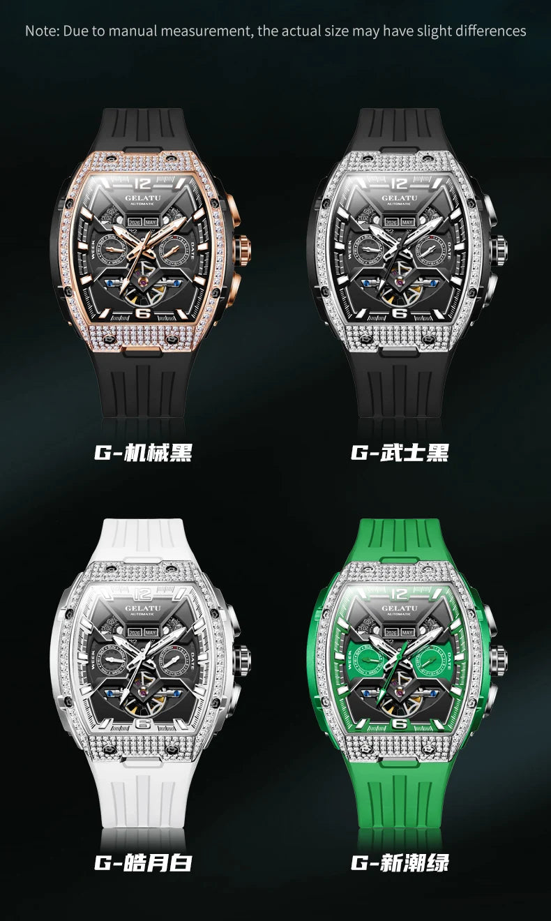 GELATU Men's Watch Hollow Out Skeleton Automatic Watch for Men Silicone Strap Dual Calendar Luxury Original Mechanical Man Watch