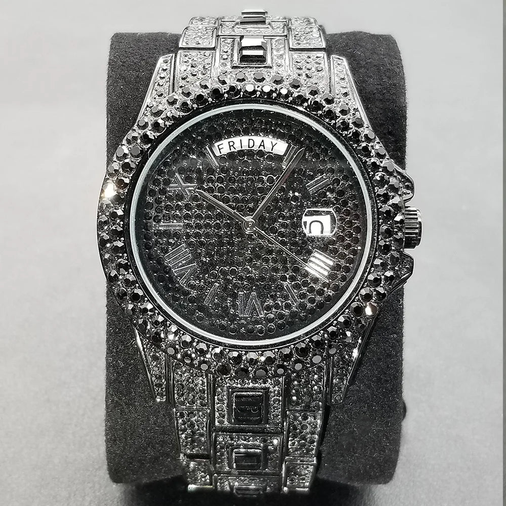 TikTok montre-bracelet en diamant pour hommes de luxe plaqué or 18 carats montres à quartz jour Date discothèque montre de fête unisexe rappeur bijoux