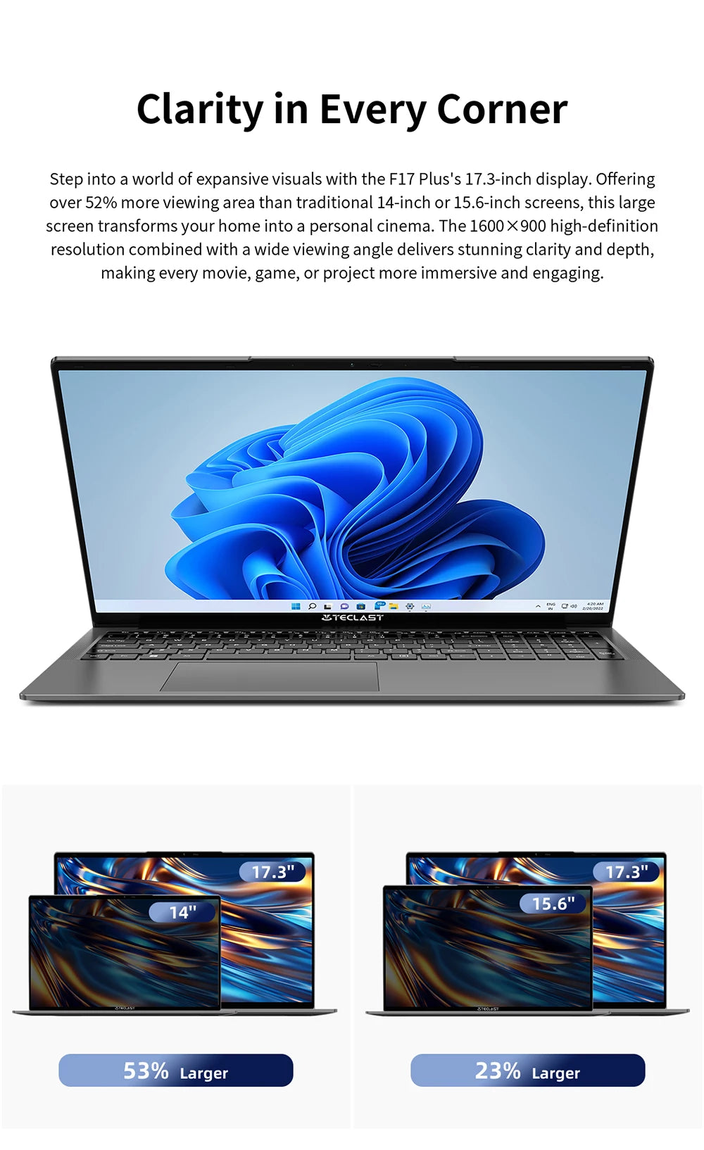 💻 Teclast F17Plus – Ordinateur portable 17.3" IPS, Intel N95, 16GB RAM, 512GB SSD