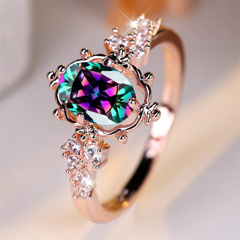 Bagues de fleurs ovales en cristal arc-en-ciel mystique pour femmes, bague de mariage, document en or rose, bande de fiançailles pour patients, cadeau de bijoux