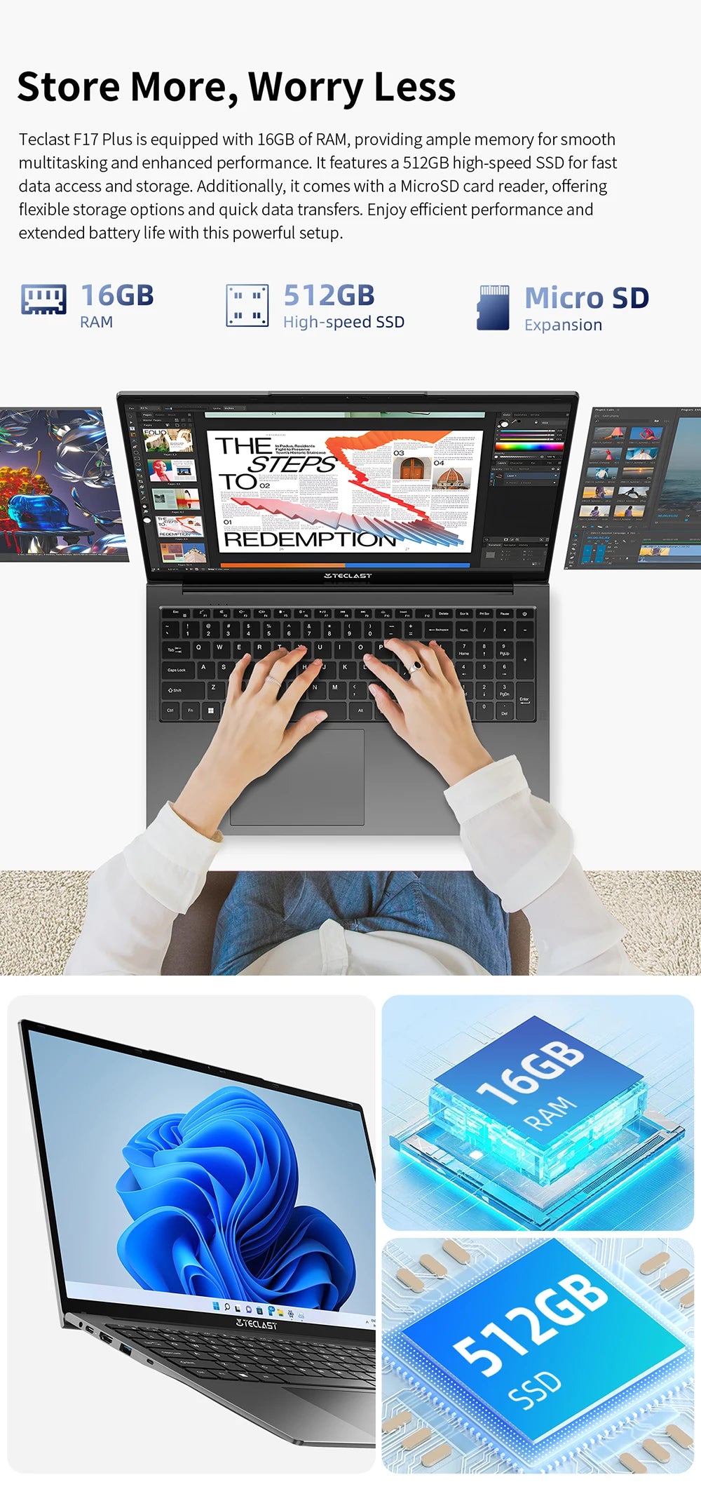 💻 Teclast F17Plus – Ordinateur portable 17.3" IPS, Intel N95, 16GB RAM, 512GB SSD