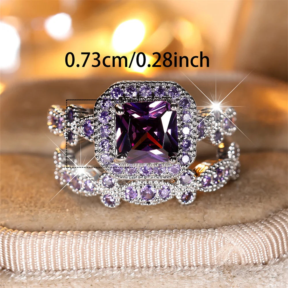 Ensemble de bagues de fiançailles en pierre carrée pour femmes, cristal violet, promesse, Vintage, couleur argent, bijoux de mariage, ensemble cadeau de mariée, 2 pièces/ensemble