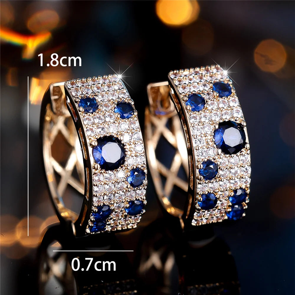 Boucles d'oreilles rondes en pierre de Zircon blanc et bleu pour femmes, bijoux de mariage couleur or à la mode