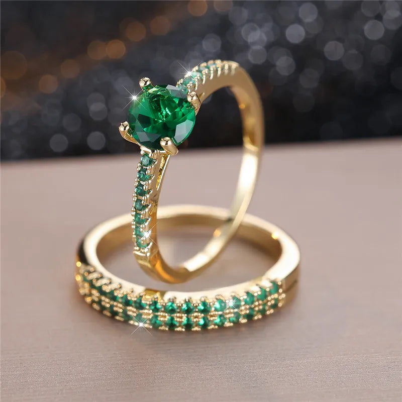 Ensemble de bagues de fiançailles rondes en pierre de Zircon vert cristal pour femmes, bijoux de mariage de luxe couleur or jaune pour femmes