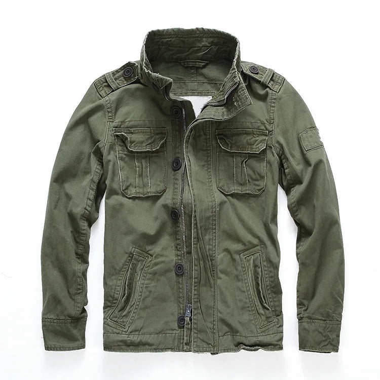 Veste militaire homme en denim – Col roulé, poches pratiques, printemps/automne