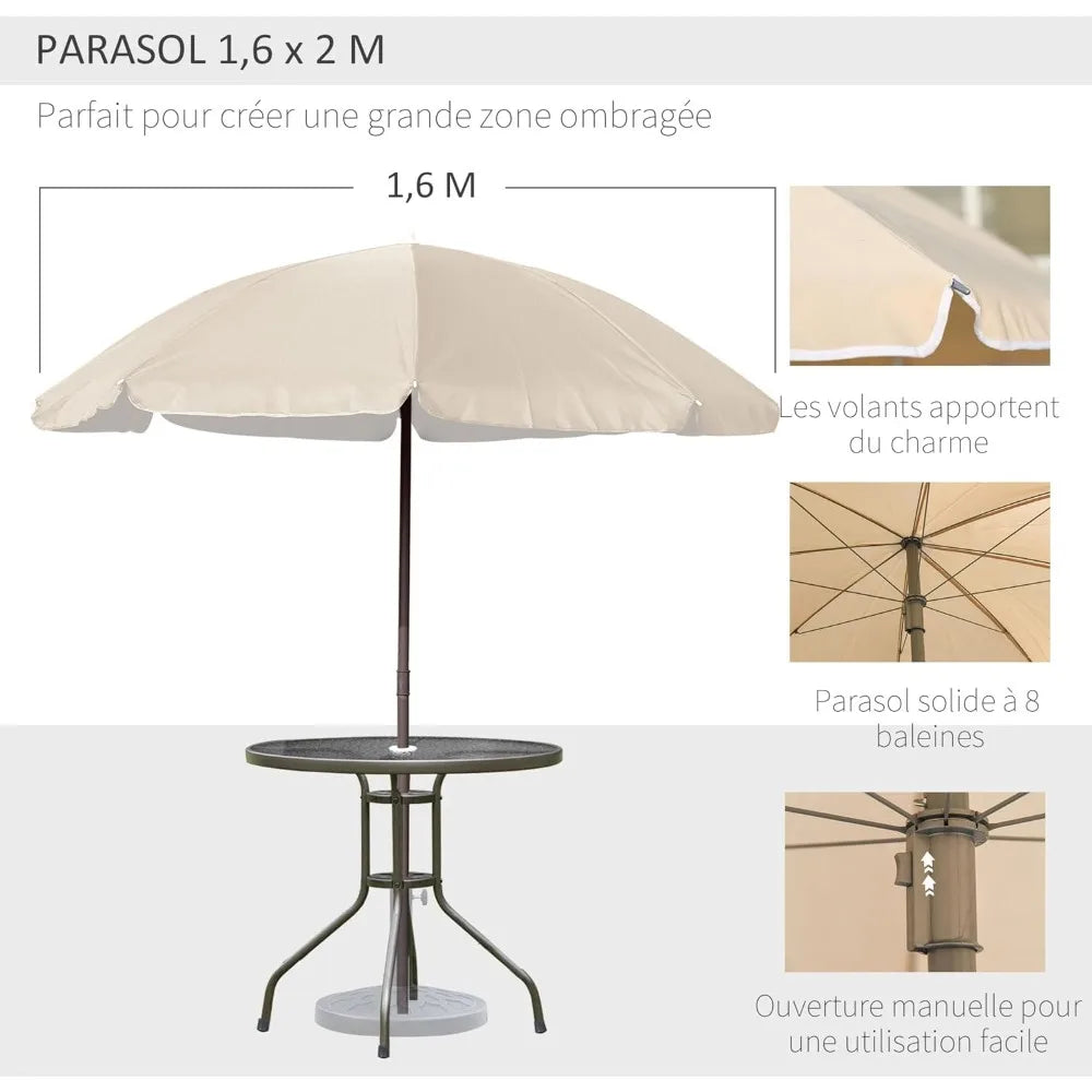 Ensemble de meubles de jardin 6 pièces, table ronde + 4 chaises pliantes + parasol, café en acier époxy textilène polyester beige