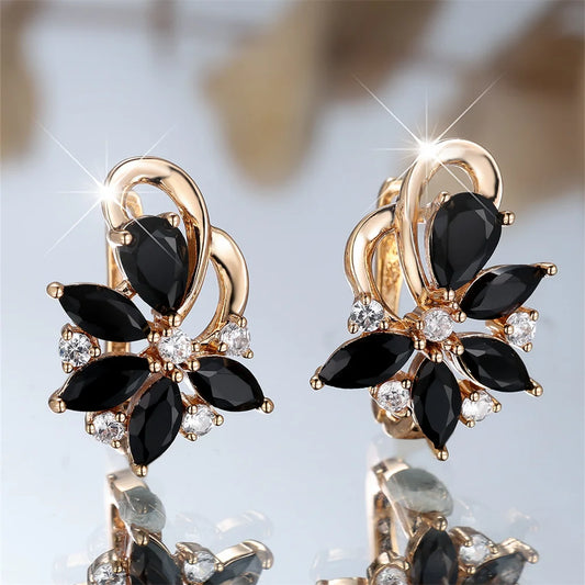Boucles d'oreilles Vintage en cristal noir pour femmes, pierre de Marquise, fleur, tendance, couleur or, boucle d'oreille, bijoux de mariage, cadeaux polyvalents