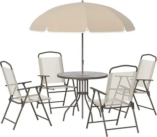 Ensemble de meubles de jardin 6 pièces, table ronde + 4 chaises pliantes + parasol, café en acier époxy textilène polyester beige