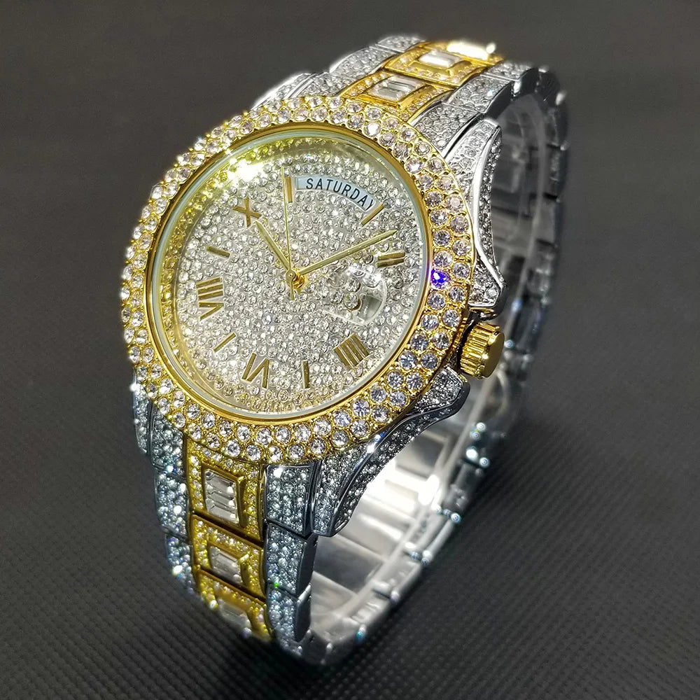 TikTok montre-bracelet en diamant pour hommes de luxe plaqué or 18 carats montres à quartz jour Date discothèque montre de fête unisexe rappeur bijoux