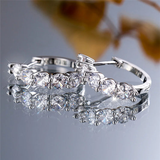 Boucles d'oreilles créoles rondes en cristal blanc pour femmes, bijoux de mariage, document argenté, mode féminine