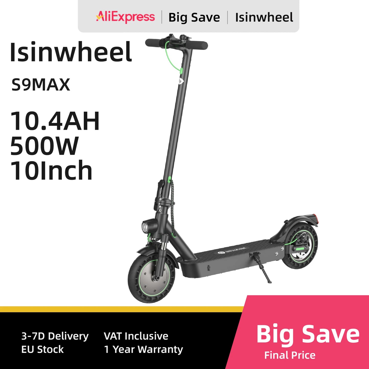 ISINWHEEL S9 MAX – Scooter Électrique Adulte 500W, Batterie 36V 10,4Ah, Pneus 10"
