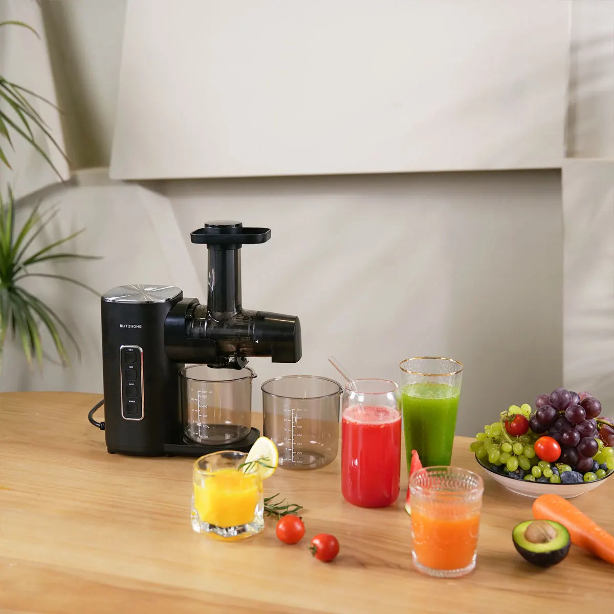 Blitzhome BH-JC01 Presse-agrumes à pression froide Modes à 2 vitesses Presse-agrumes à mastication lente pour légumes et fruits avec moteur silencieux