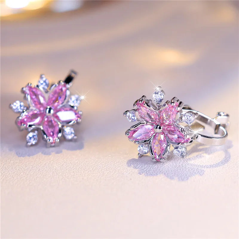 Boucles d'oreilles de luxe en pierre de Zircon rose pour femmes, petites boucles d'oreilles à Clip, couleur argent, bijoux de mariage pour femmes