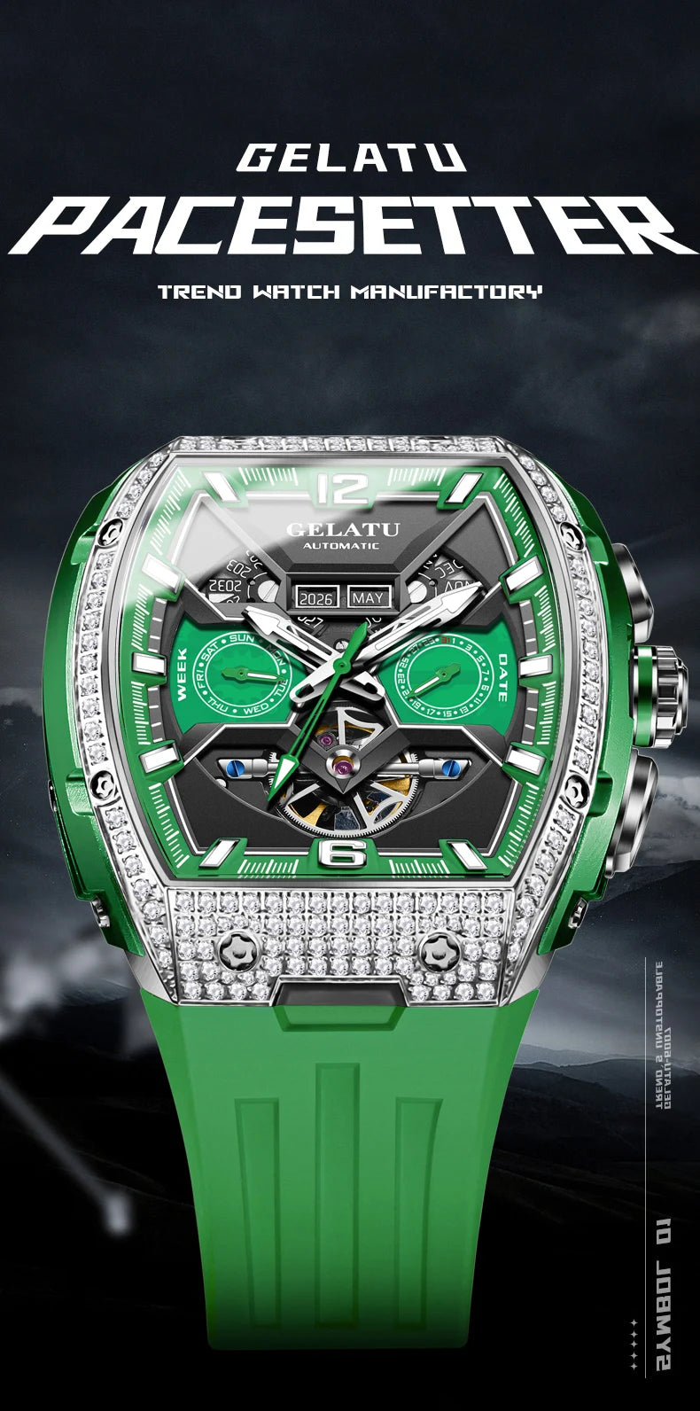 GELATU Men's Watch Hollow Out Skeleton Automatic Watch for Men Silicone Strap Dual Calendar Luxury Original Mechanical Man Watch