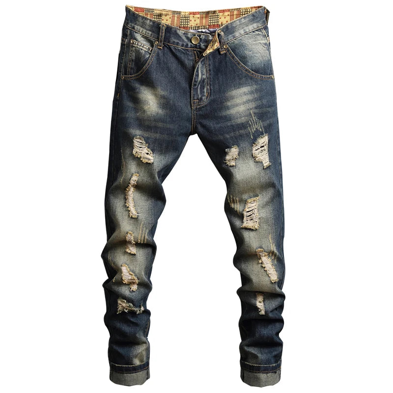 Men Jeans Streetwear Ripped Denim Pants Trend Trousers Hole Ruined Casual Biker Destroyed Regular Straight