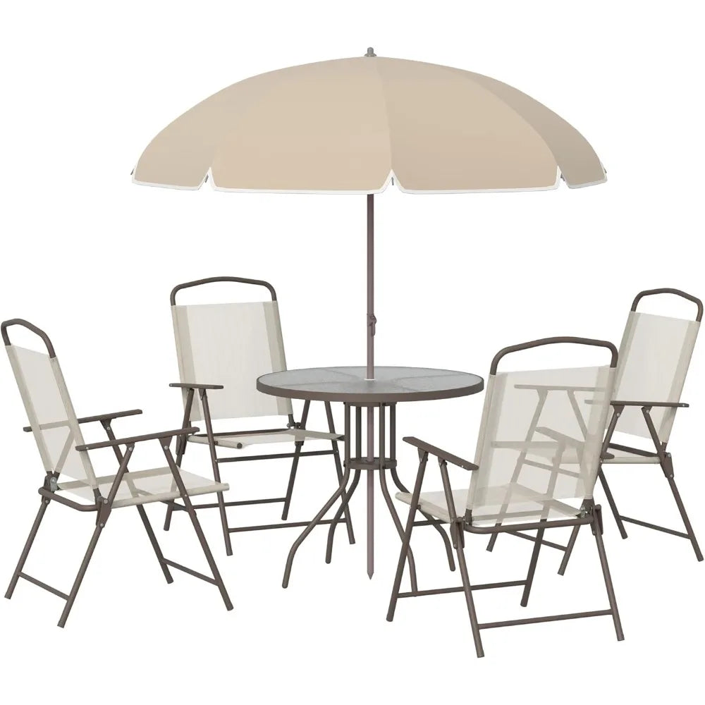 Ensemble de meubles de jardin 6 pièces, table ronde + 4 chaises pliantes + parasol, café en acier époxy textilène polyester beige