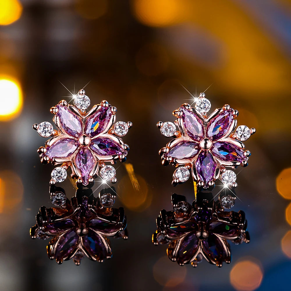 Boucles d'oreilles à tige flocon de neige en pierre pour femme, blanc, violet, mignon, vintage, document en or, bijoux de mariage