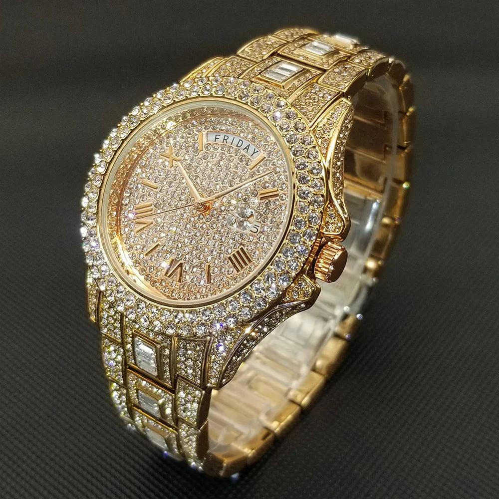 TikTok montre-bracelet en diamant pour hommes de luxe plaqué or 18 carats montres à quartz jour Date discothèque montre de fête unisexe rappeur bijoux